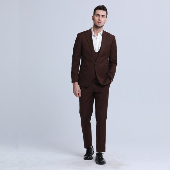 Men's Skinny-Fit 3-Piece Suit w/ Double-Breasted Vest, Dark Brown - Picture 7 of 7